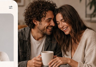 A warm, smiling couple sharing coffee together
