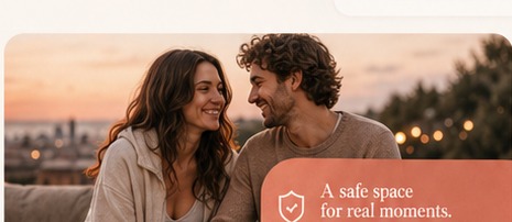 Two people smiling together in a warm, calm setting